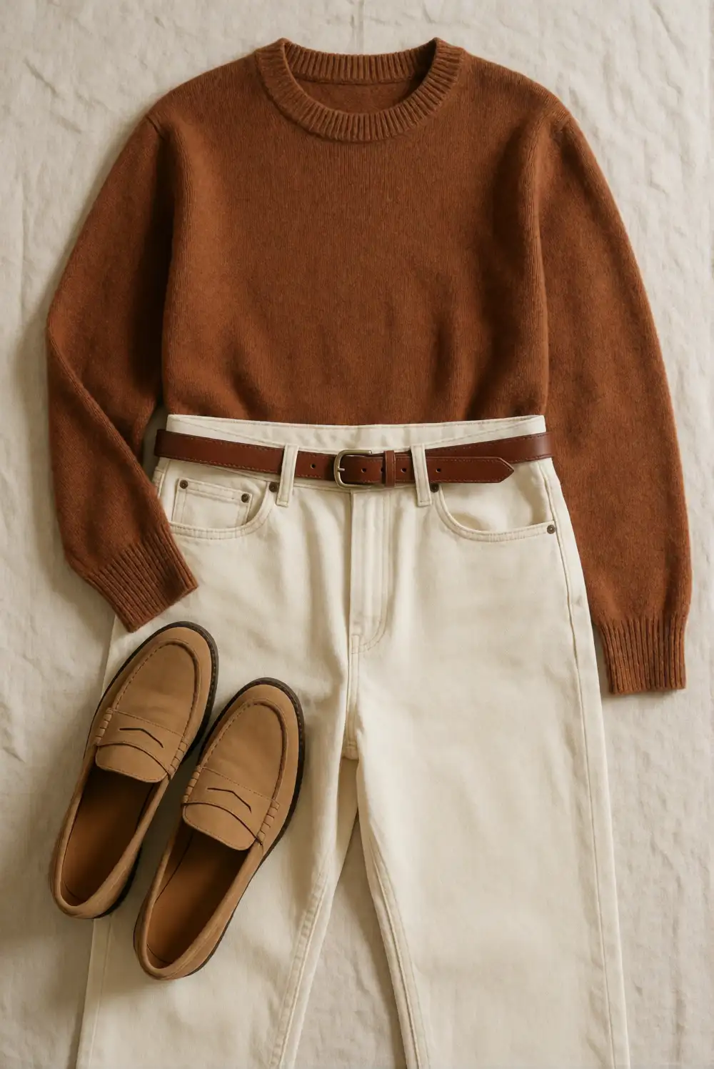 Cinnamon Sweater with Cream Straight-Leg Jeans
