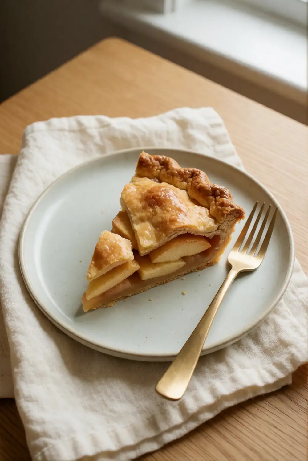 Classic Apple Pie Slice with a Brass Fork