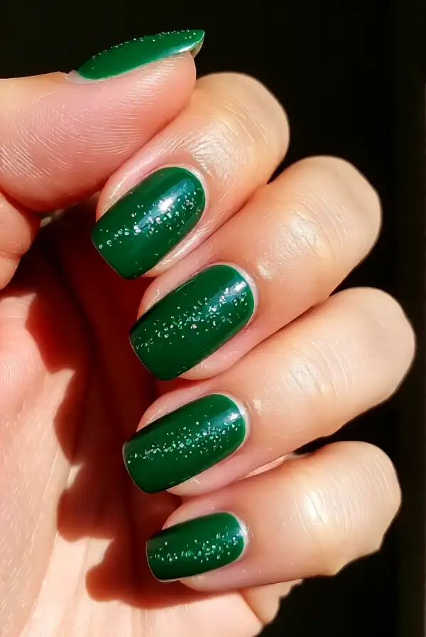 Classic Green Nails with Glitter Drizzle