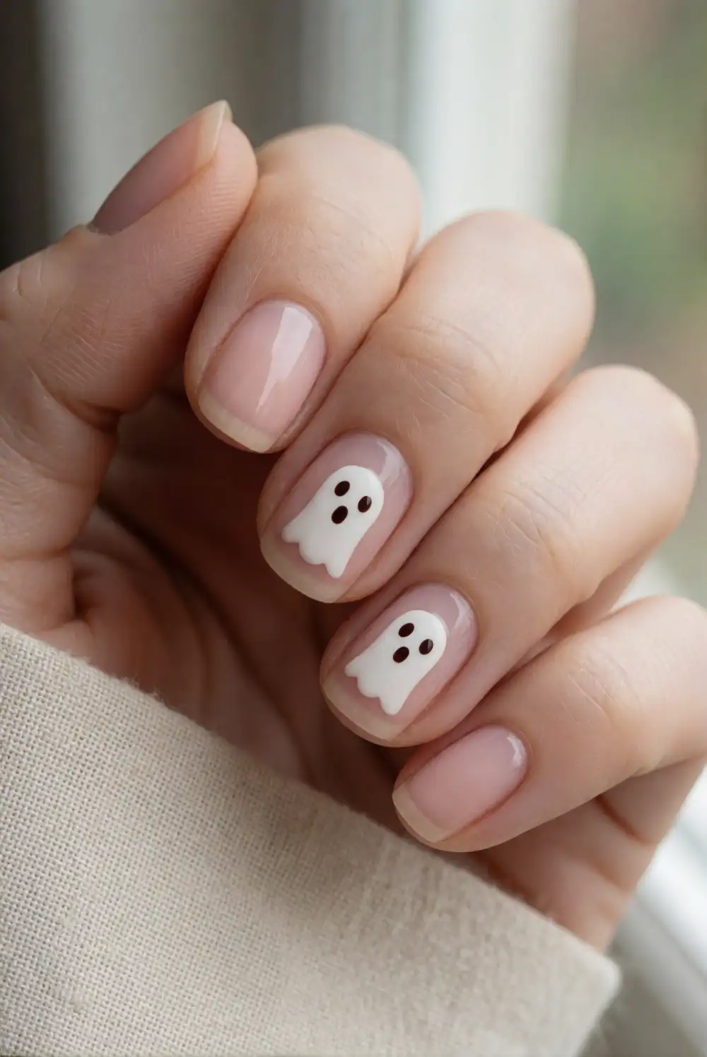Classic White Ghosts on Sheer Pink Nails