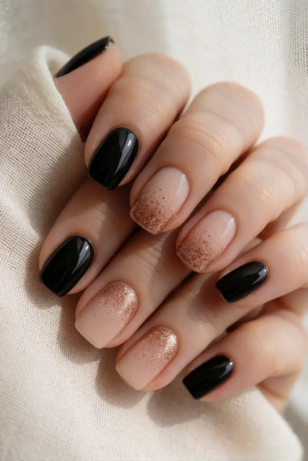 Copper Glitter on Black and Nude Nails