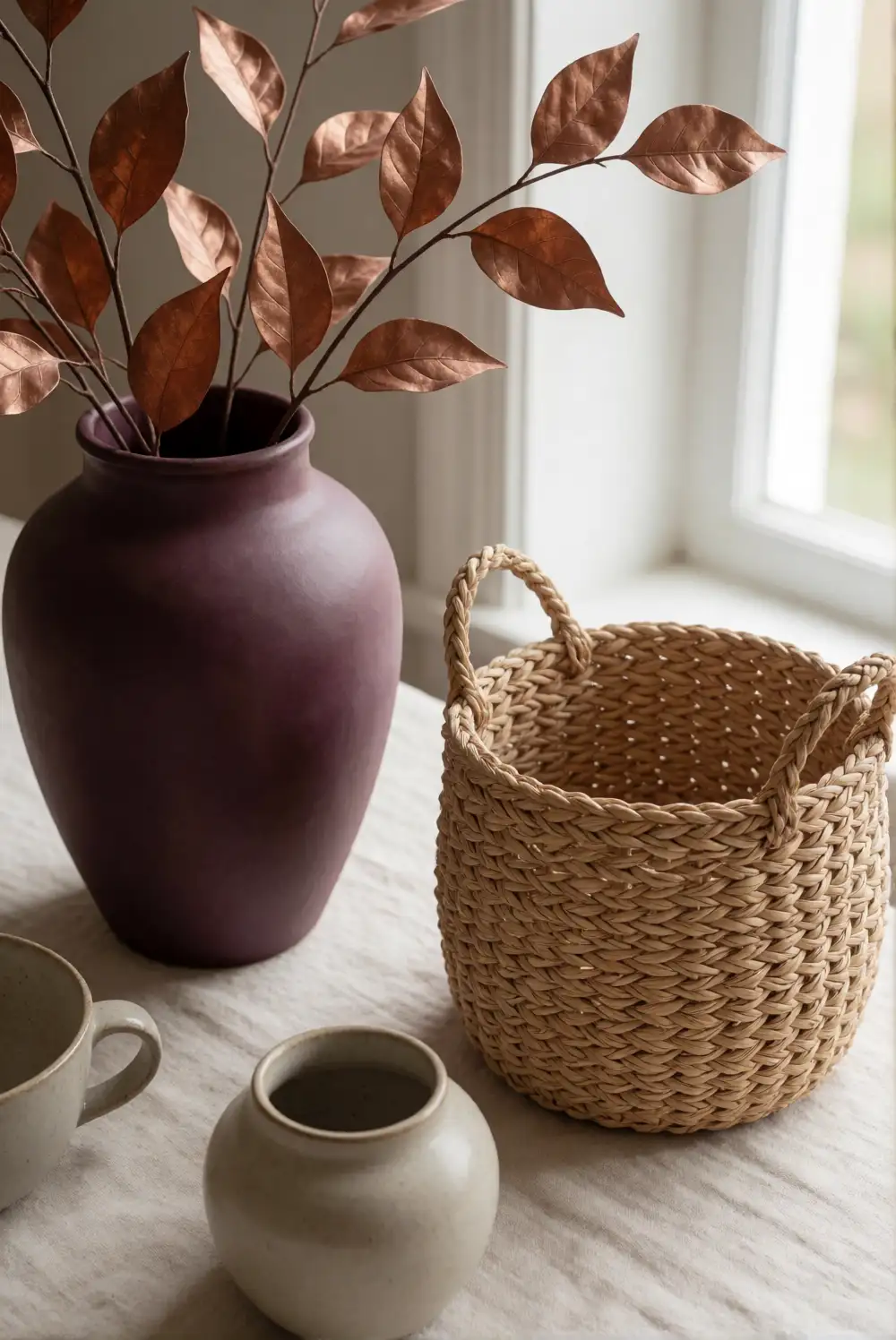 Copper, Plum, and Oatmeal Shelf Styling