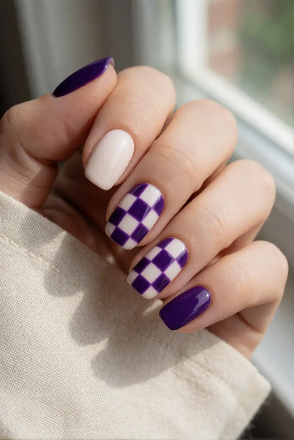 Cream and Purple Checkerboard Nails