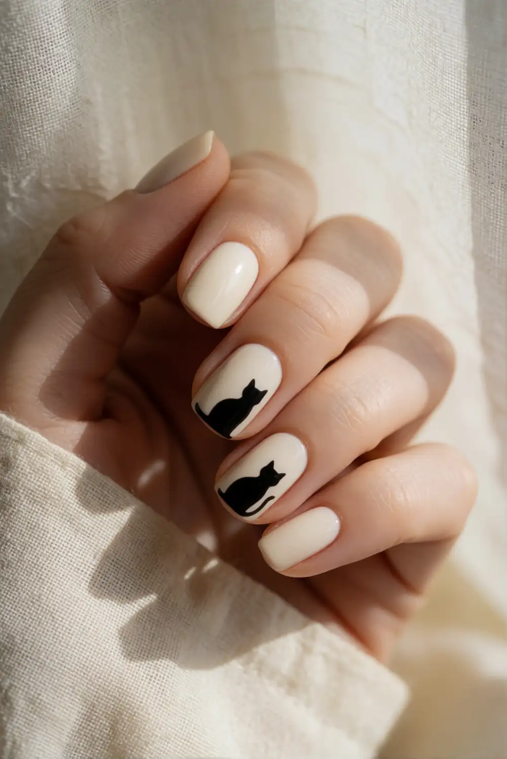 Cream Nails With Minimal Black Cat Silhouettes