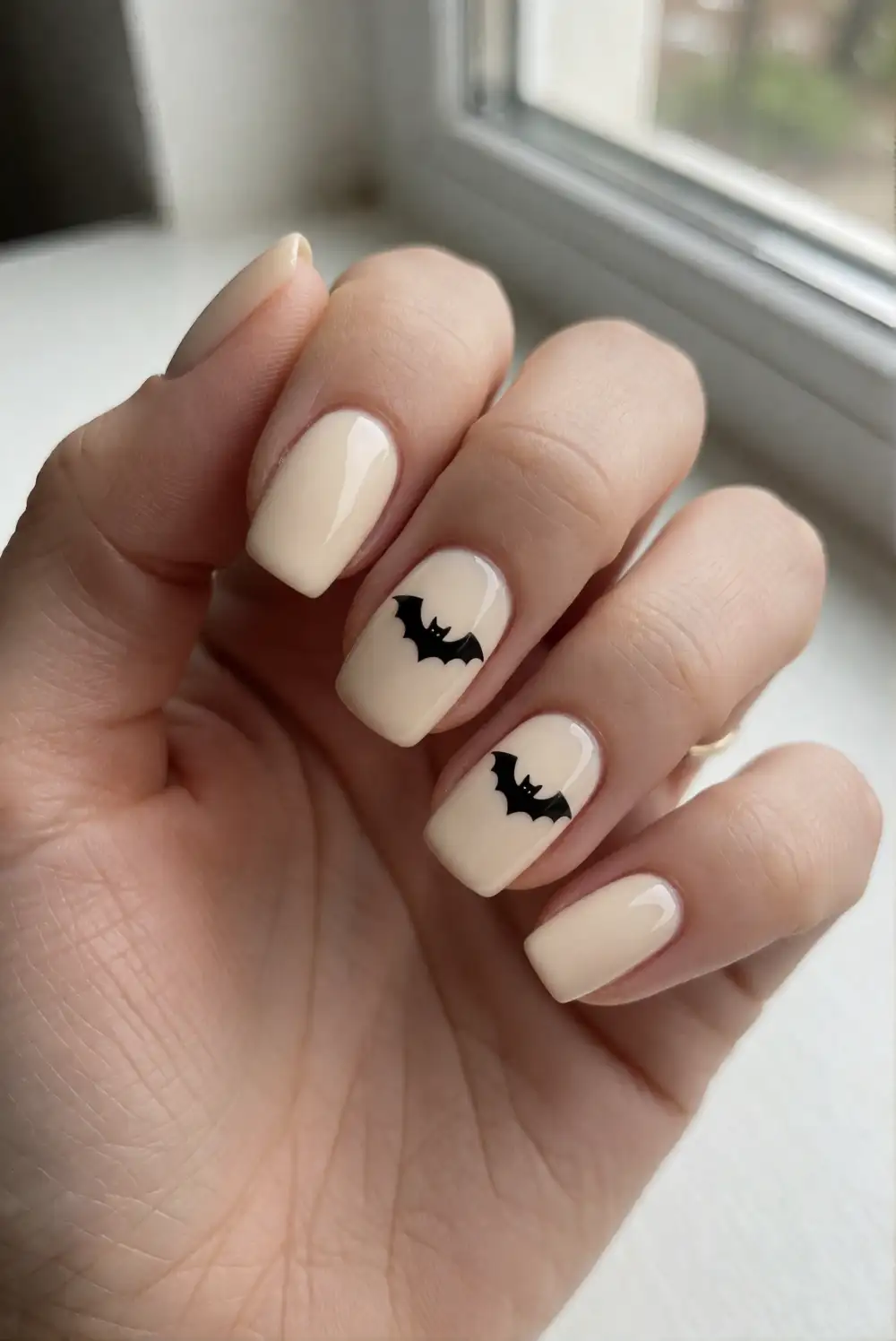 Cream Nails With Tiny Black Bats