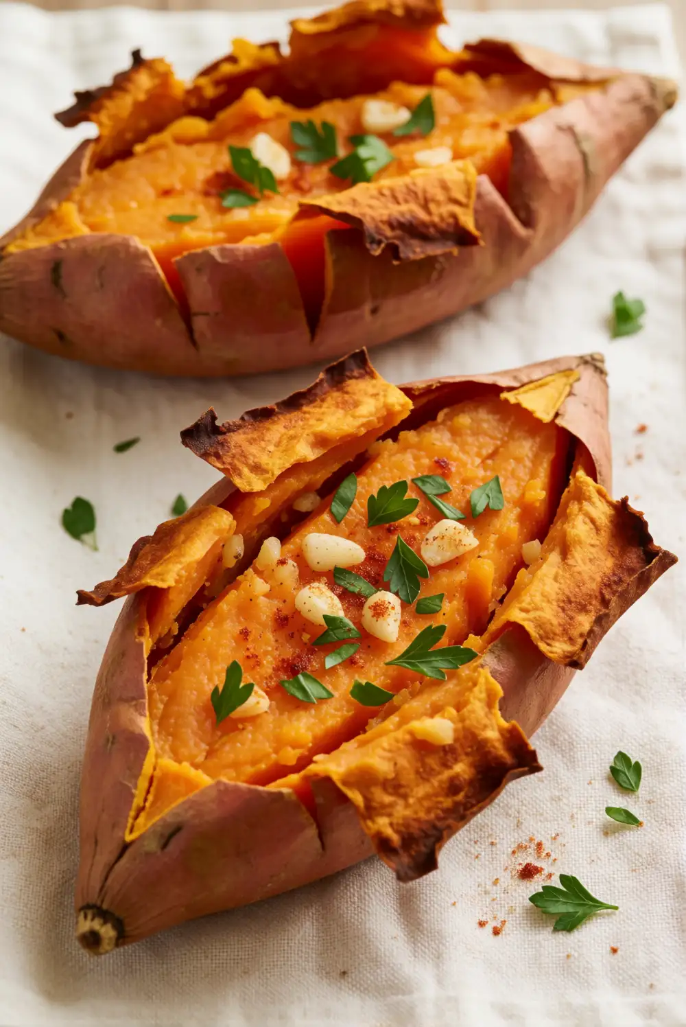 Crispy Smashed Sweet Potatoes With Garlic