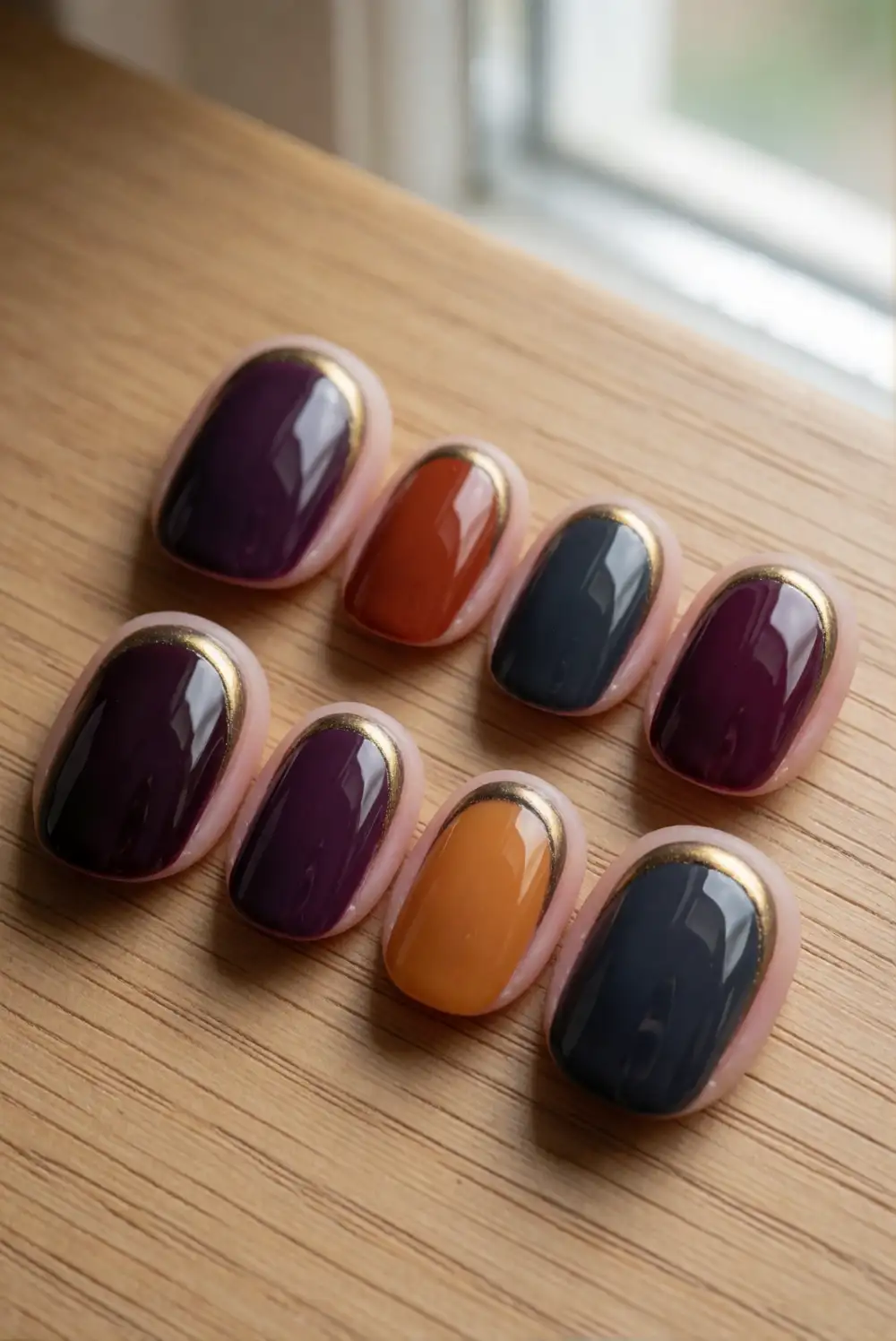 Deep Berry Nails with Antique Gold Cuticle Arcs