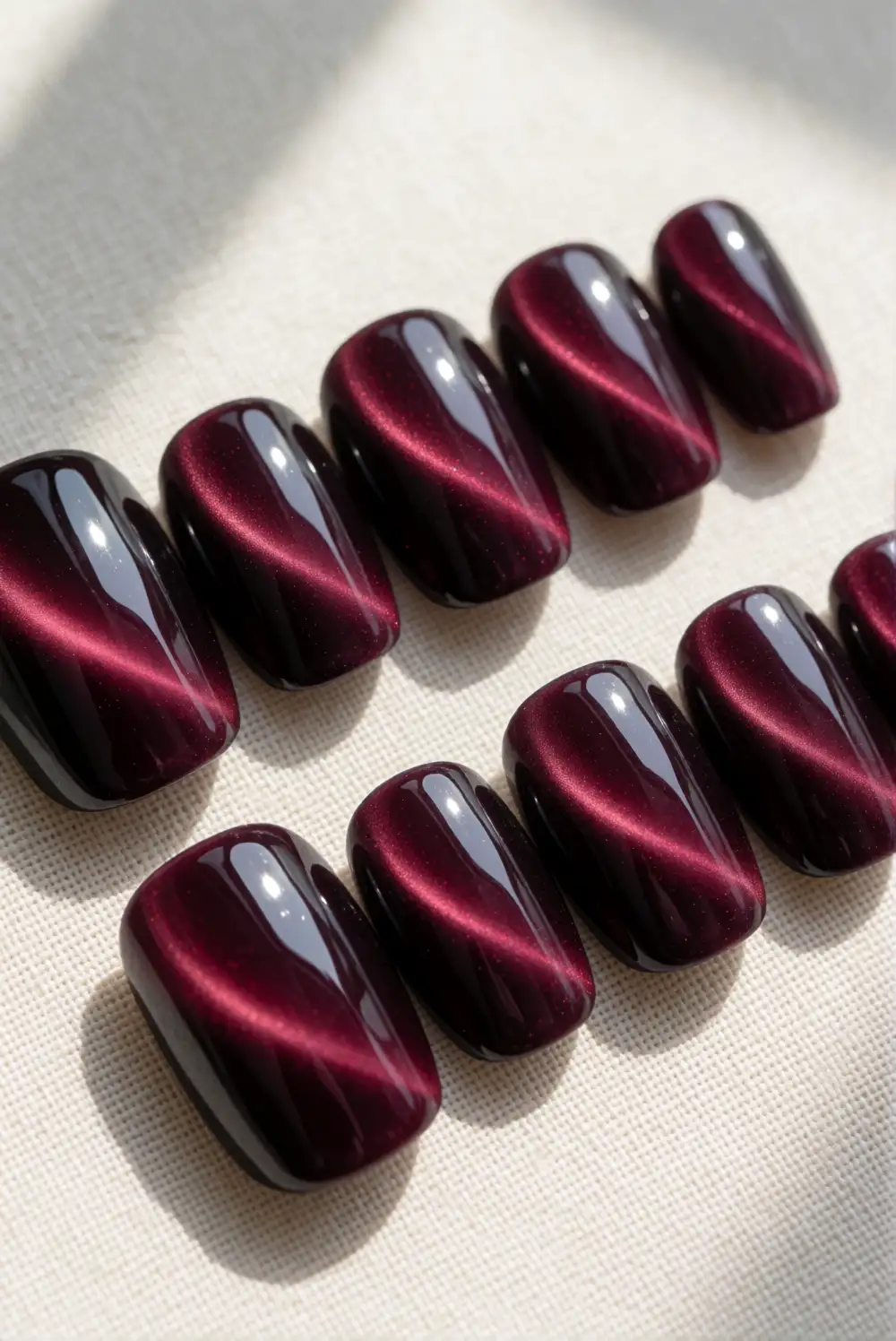 Deep Burgundy Cat-Eye Nails