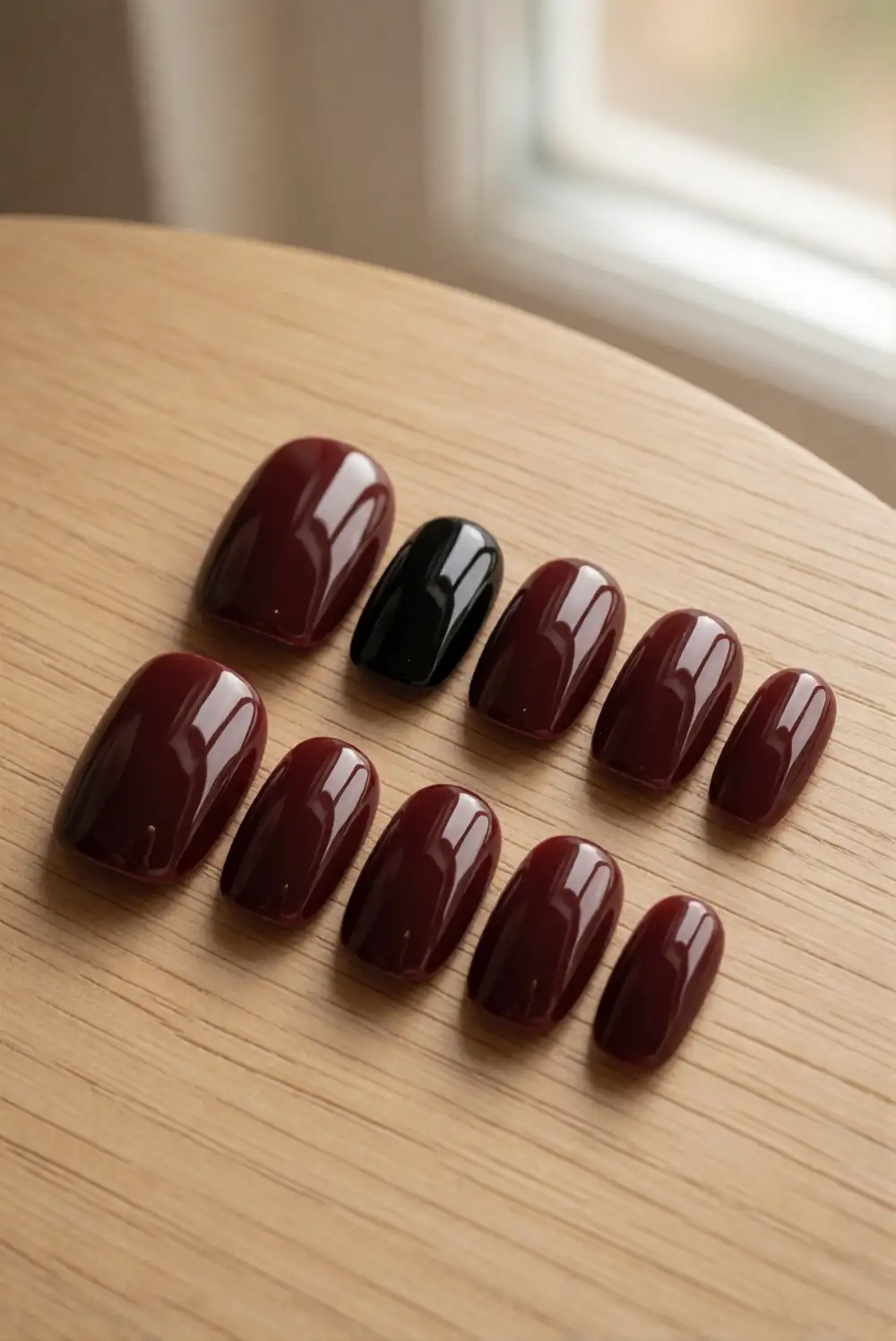 Deep Cherry Nails With One Glossy Black Accent