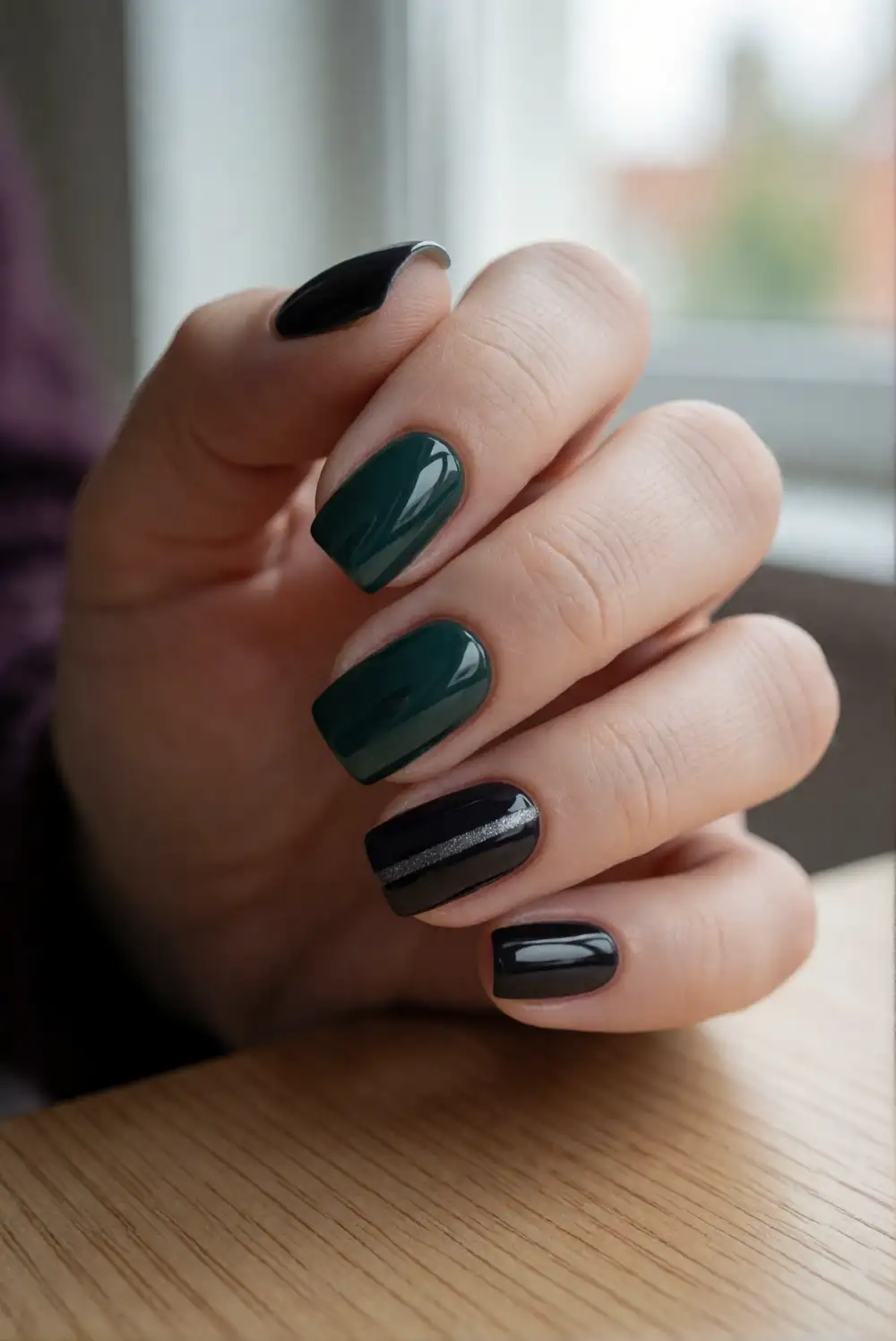 Deep Green and Black Mismatched Nails