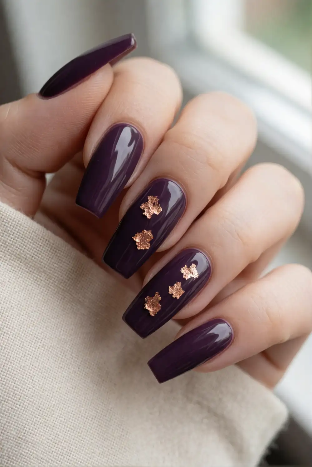 Deep Plum Nails with Copper Foil Accents