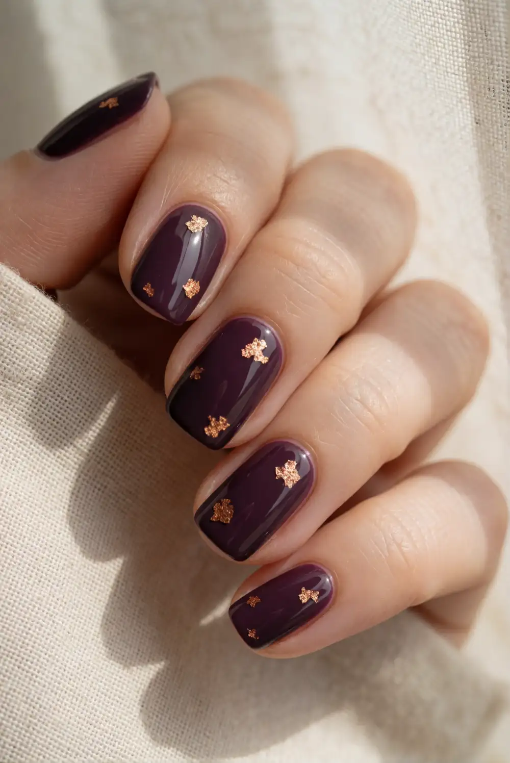 Deep Plum Nails with Copper Foil