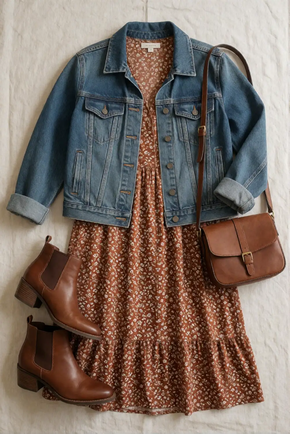 Denim Jacket with a Rust Floral Dress