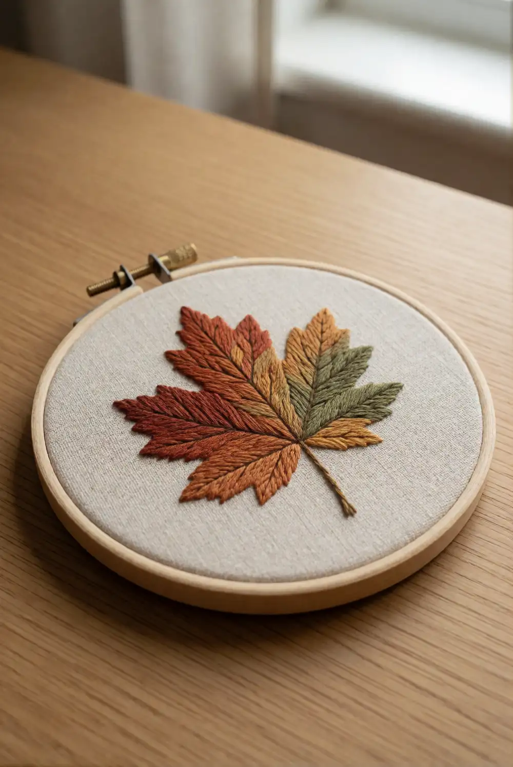 Embroidered Autumn Leaf Hoop for a Quiet Wall Accent