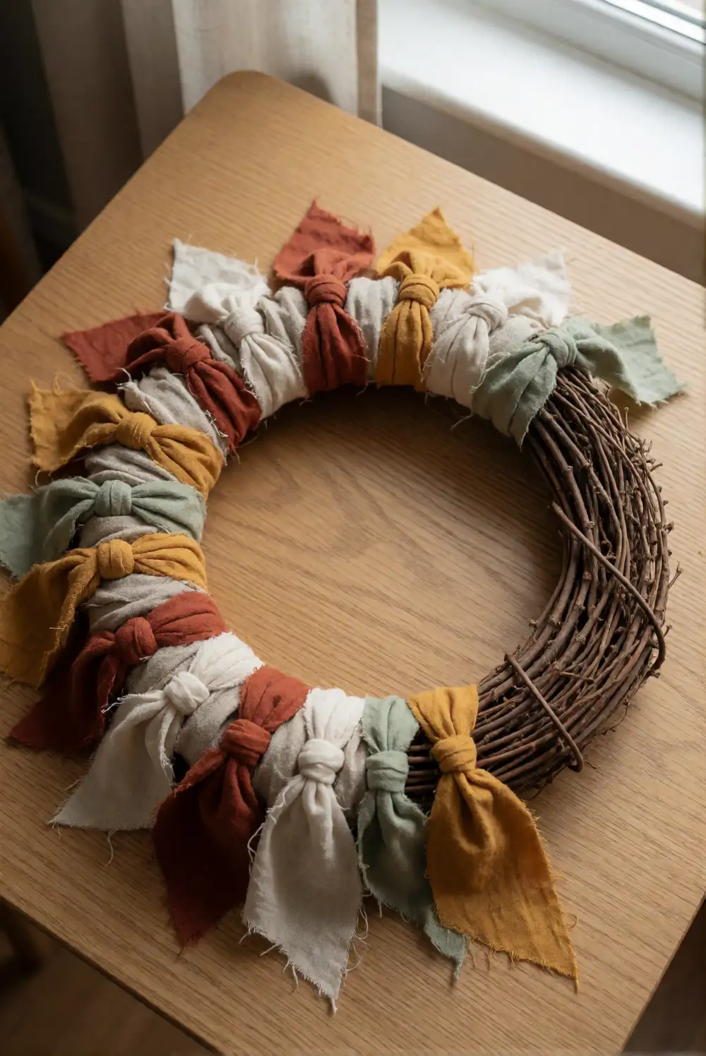Fabric Scrap Wreath with a Rustic Twig Base