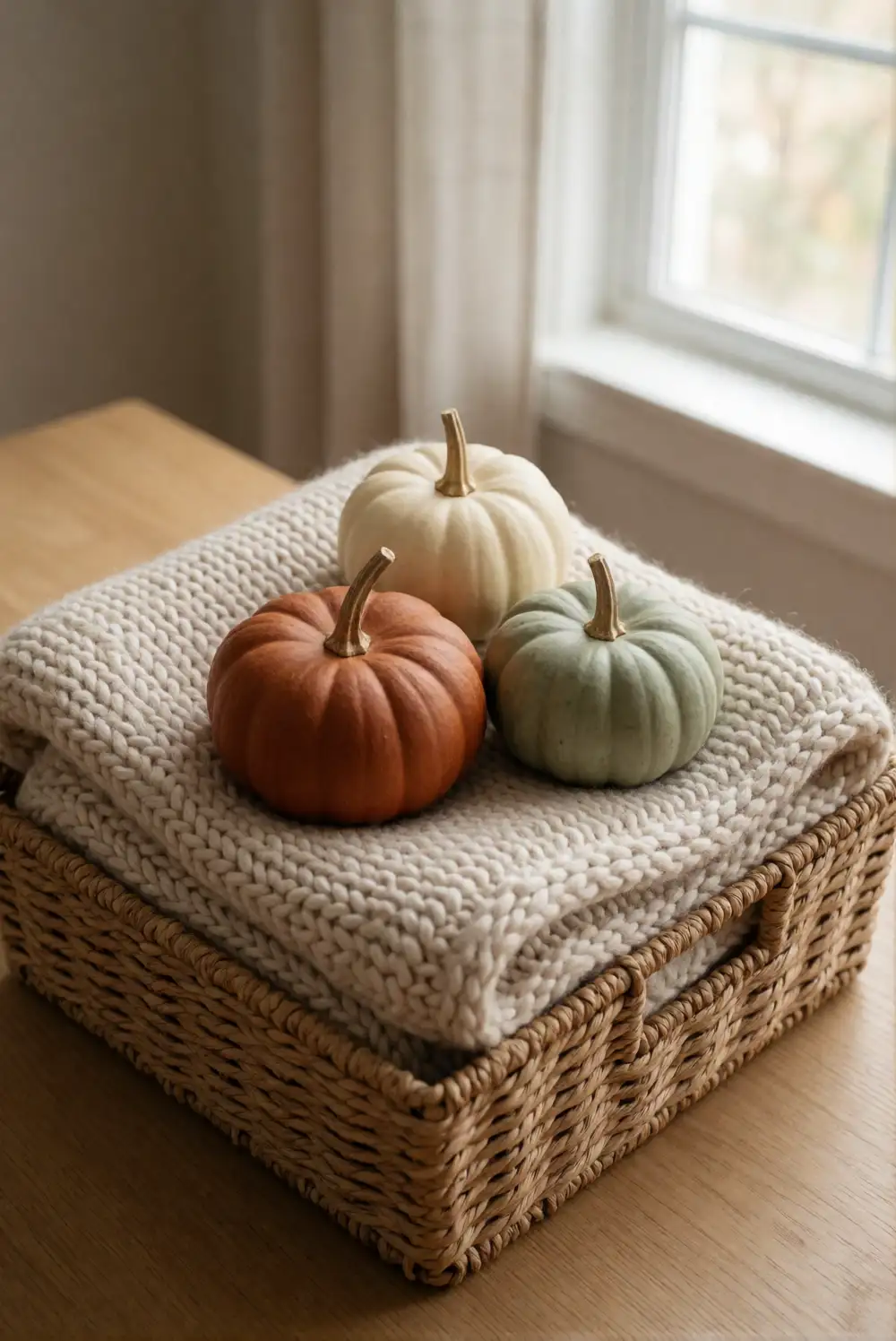 Fill a Woven Basket with Pumpkins and Blankets
