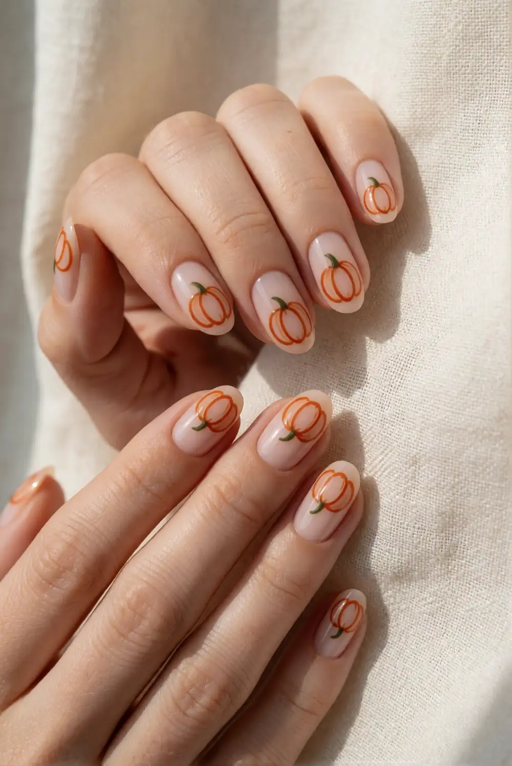 Fine-Line Pumpkin Outline Nail Art