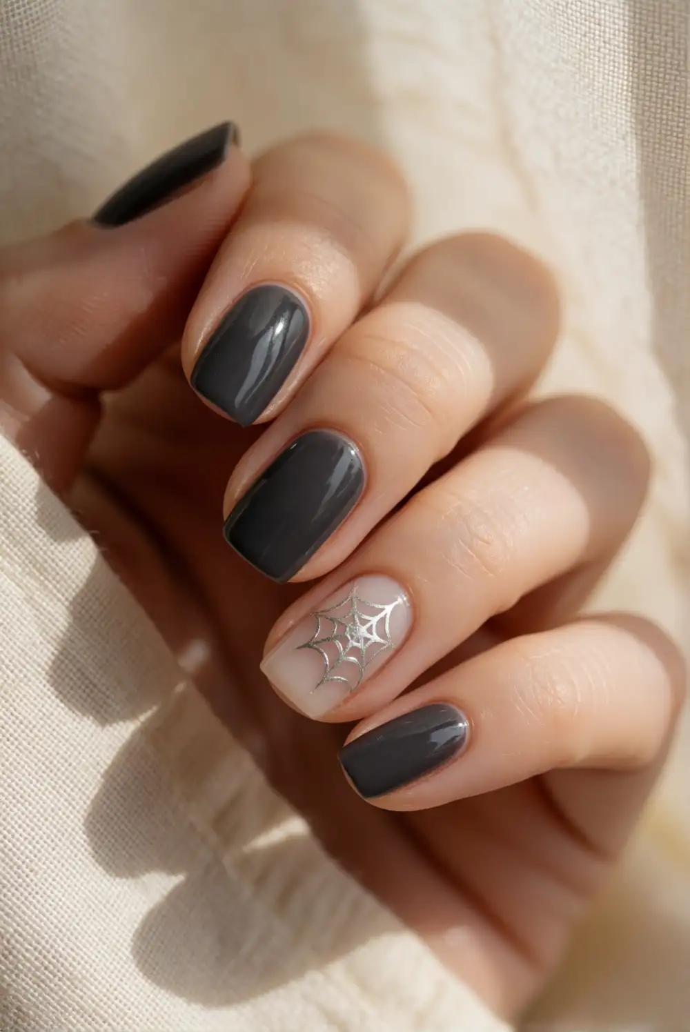 Fine Spiderweb Accent on Charcoal Nails