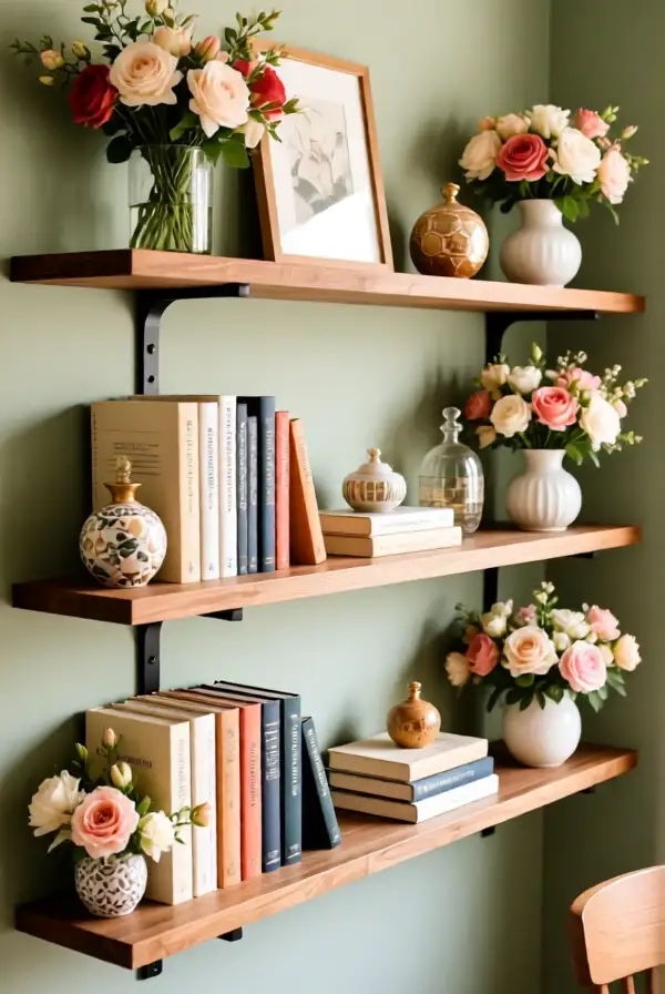 14. Floral Accents in Display Shelves