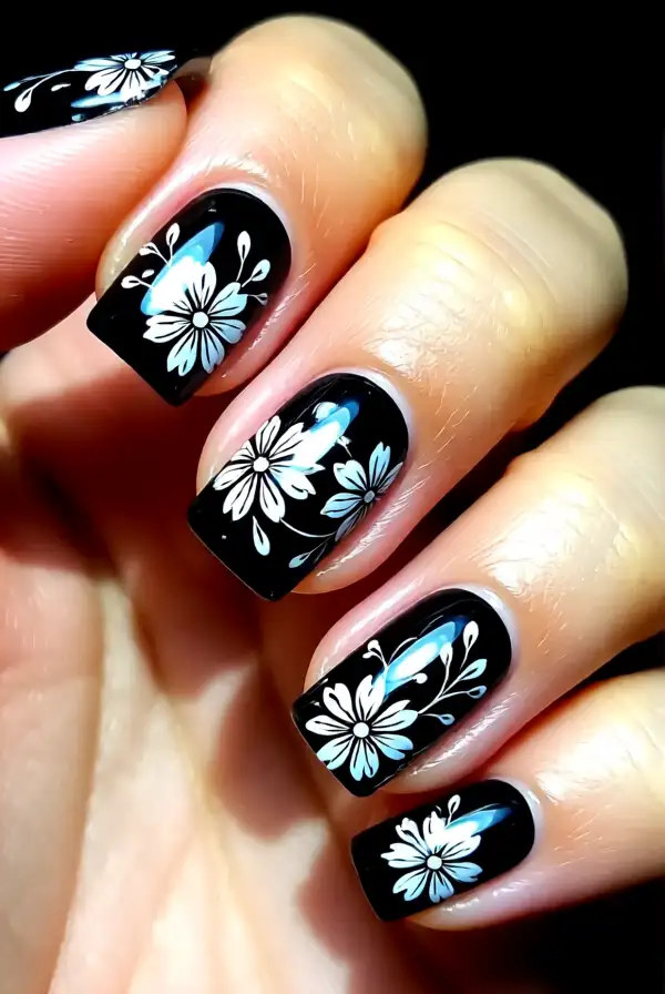Floral Black Nail Art