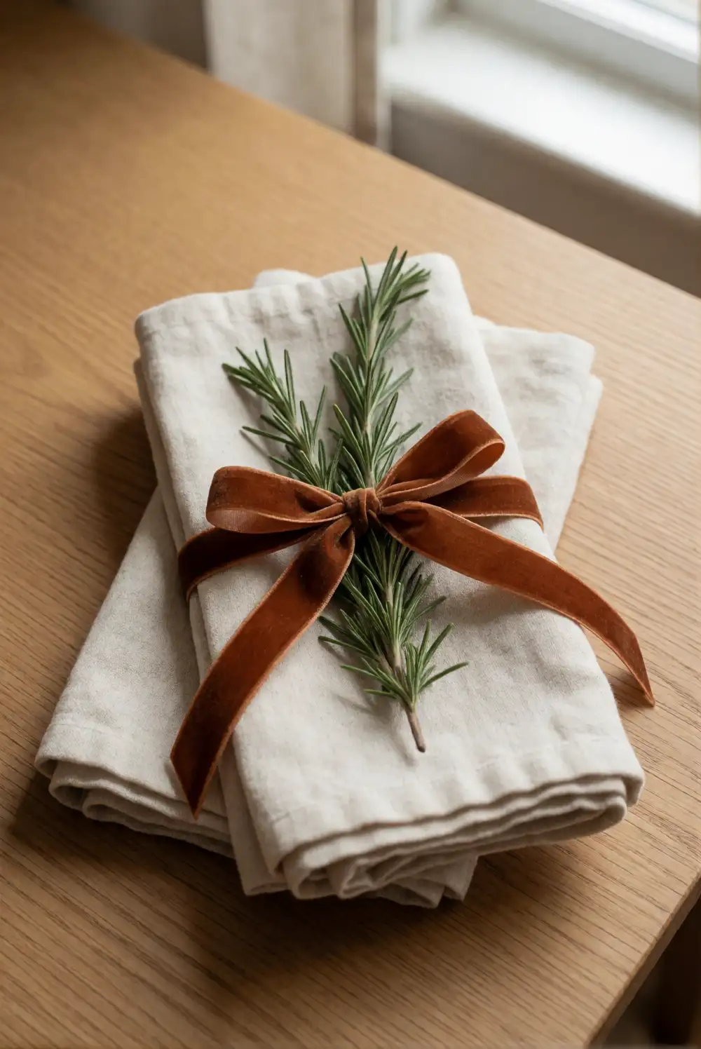 Folded Linen Napkins Tied with Velvet Ribbon