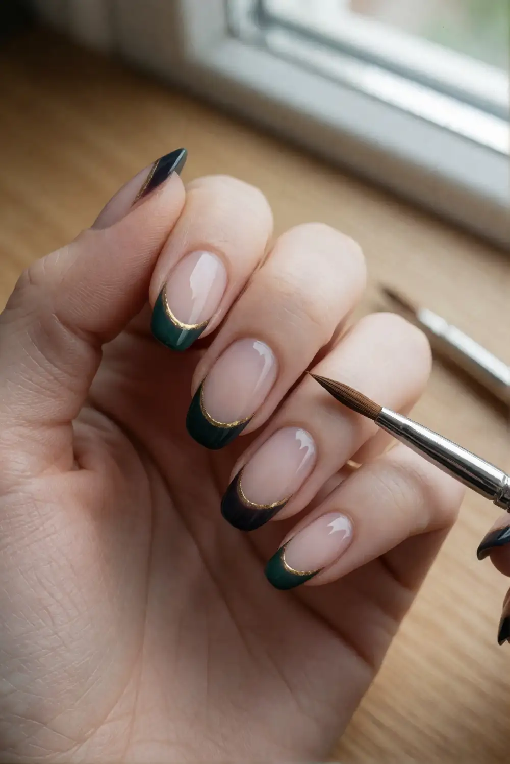 Forest Green Antique Gold French Tips