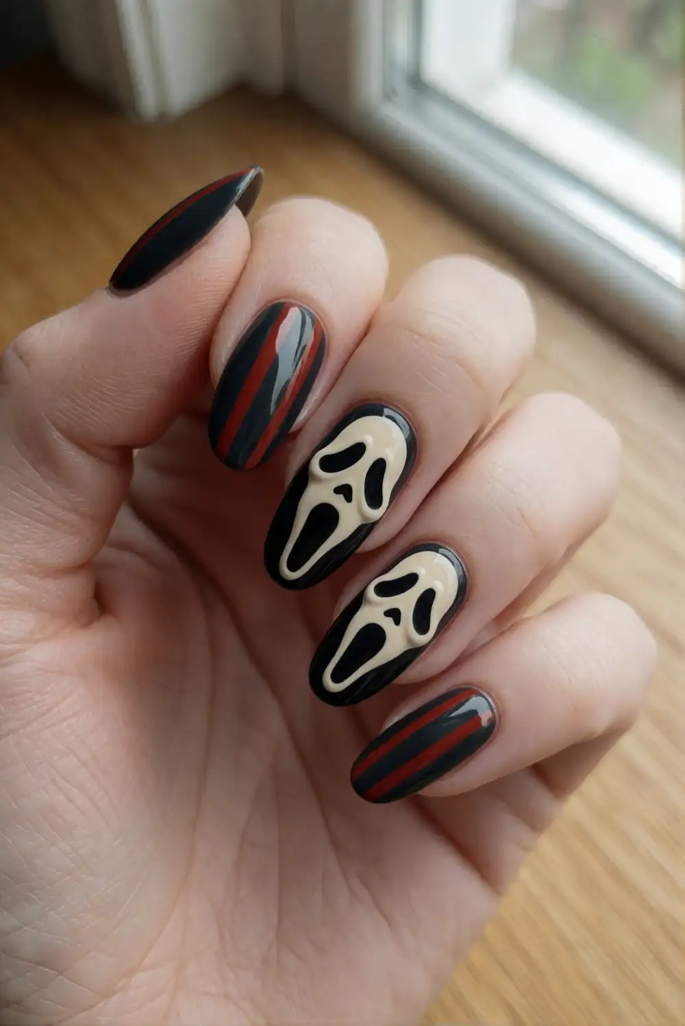 Ghost Face Nails with Red Accents