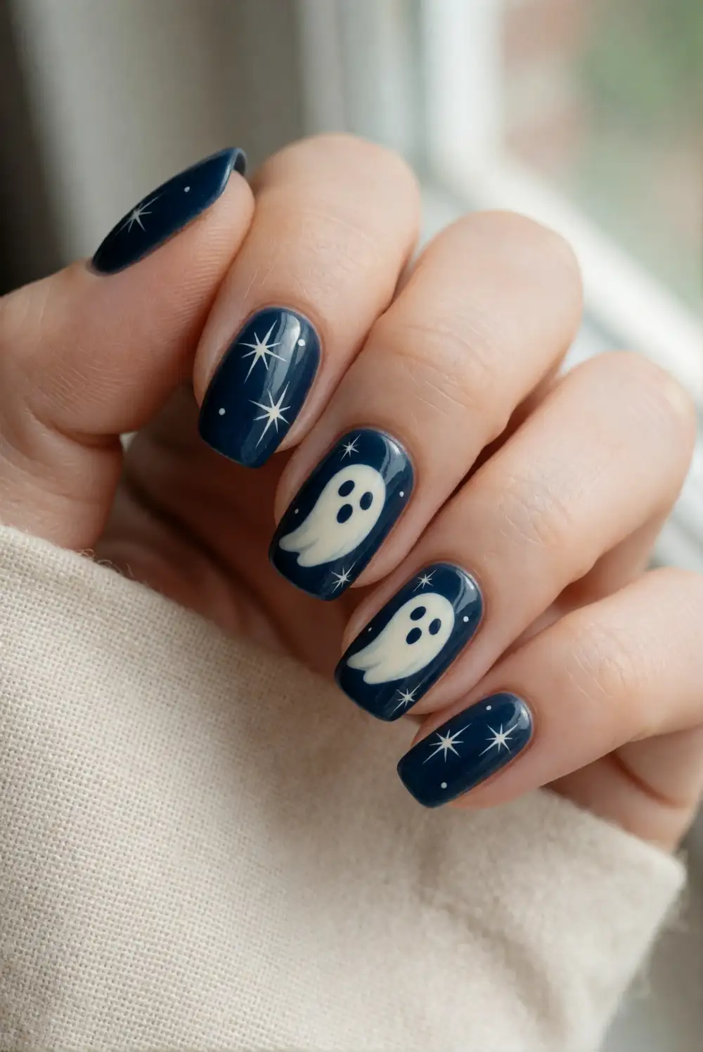 Ghost Face Nails With Tiny Star Accents