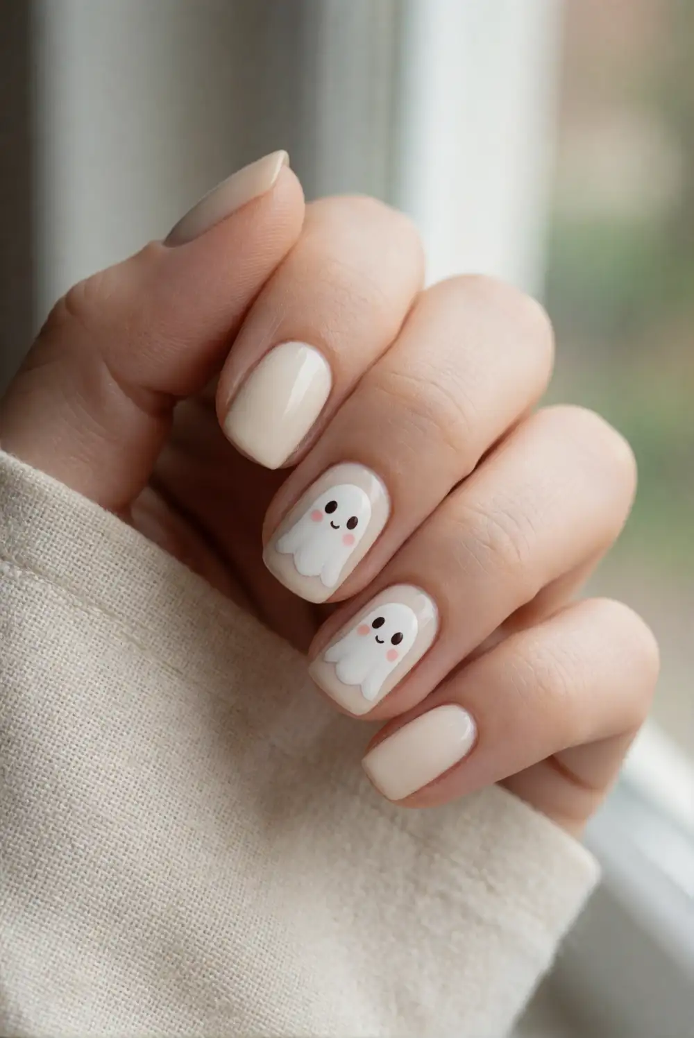 Ghosts with Blush Cheeks on Cream Nails