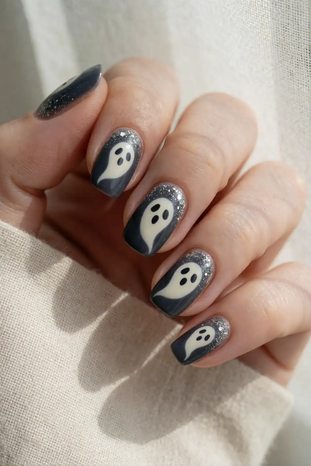Glitter Ghost Face Halloween Nails