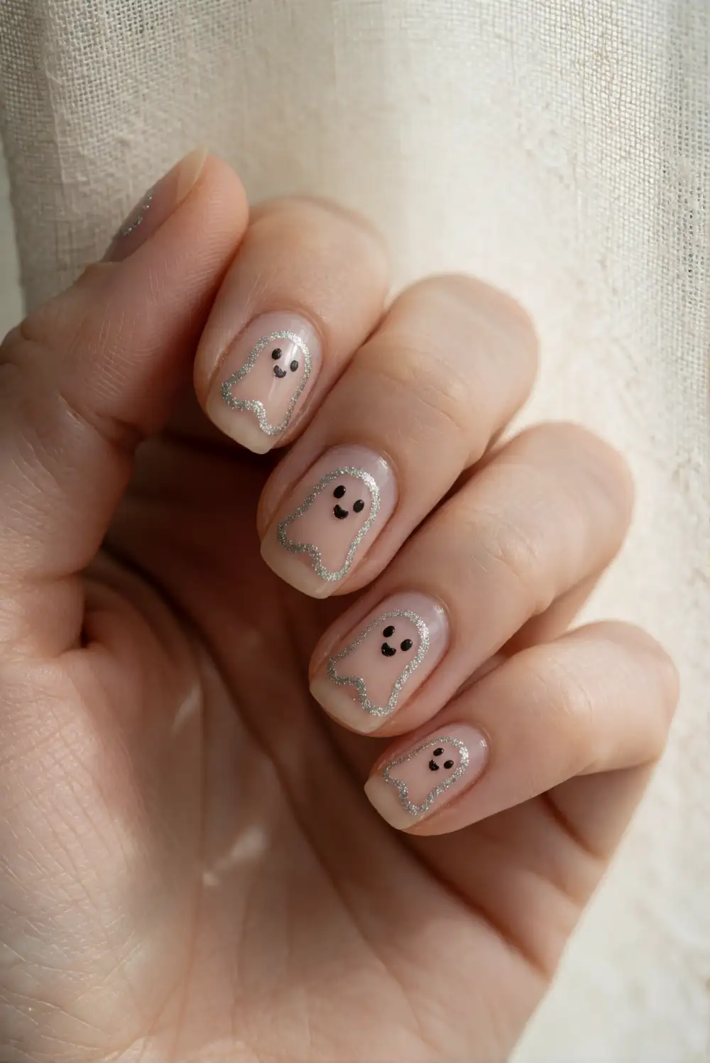Glitter Outline Ghosts on Clear Nails