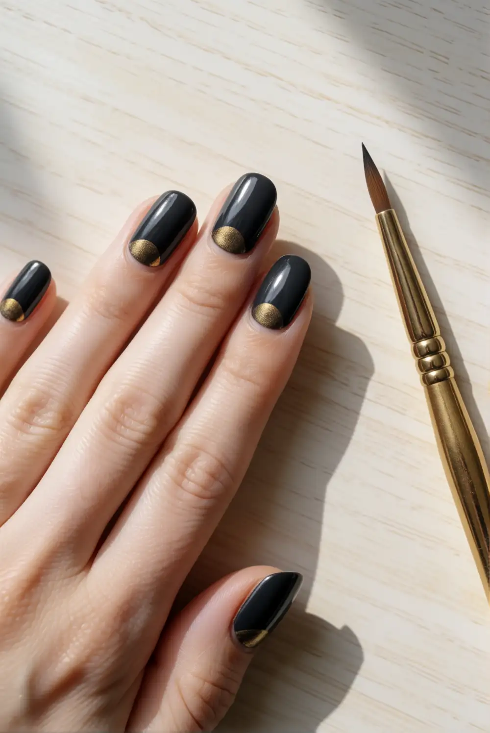 Glossy Black and Gold Crescent Nails