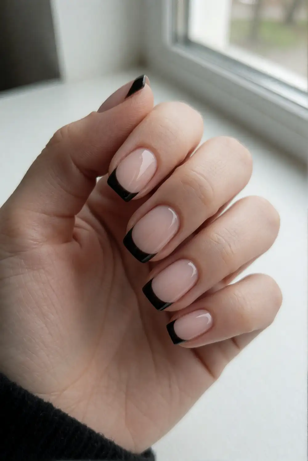 Glossy Black French Tips on Short Square Nails