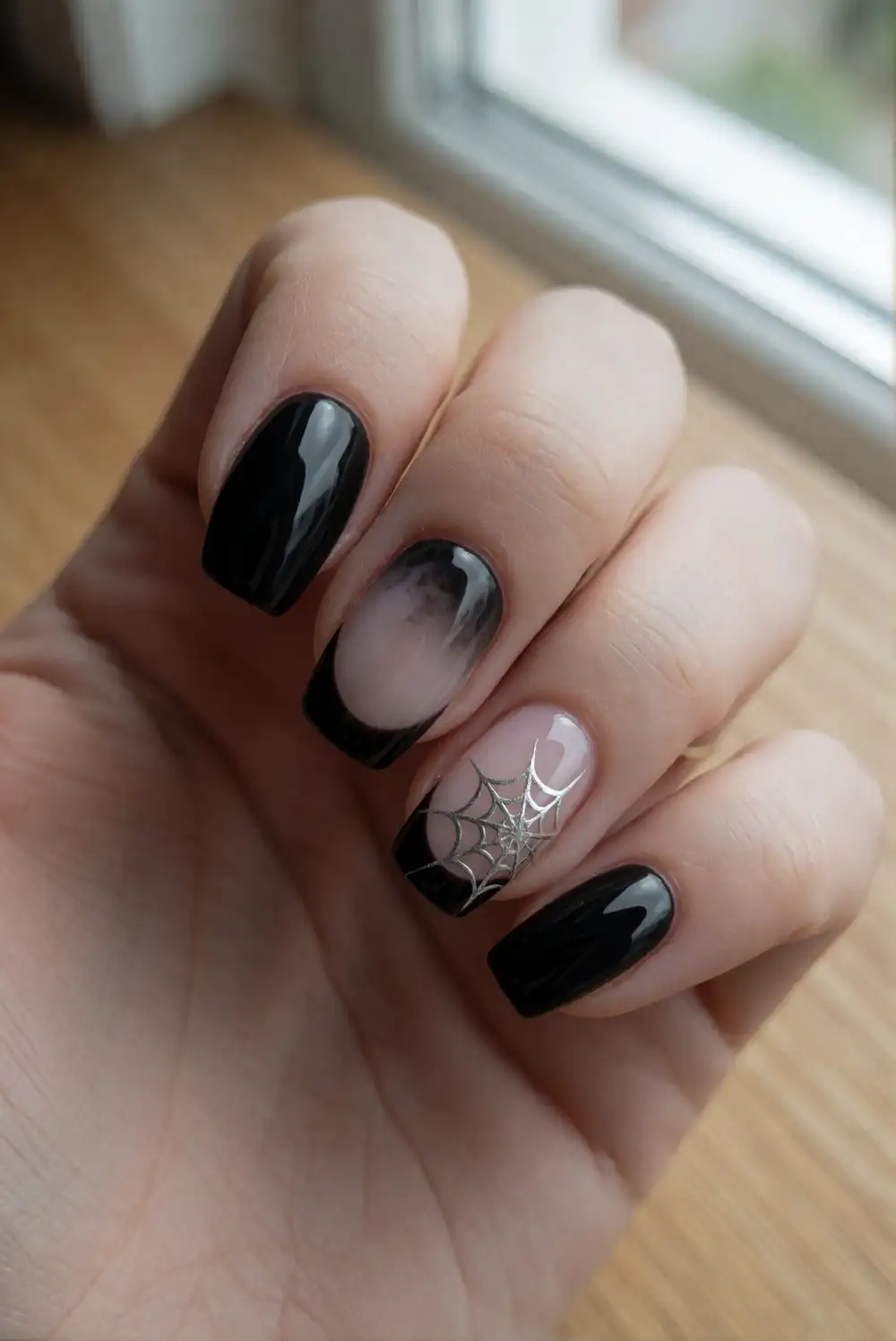 Glossy Black French Tips With Fine Webs