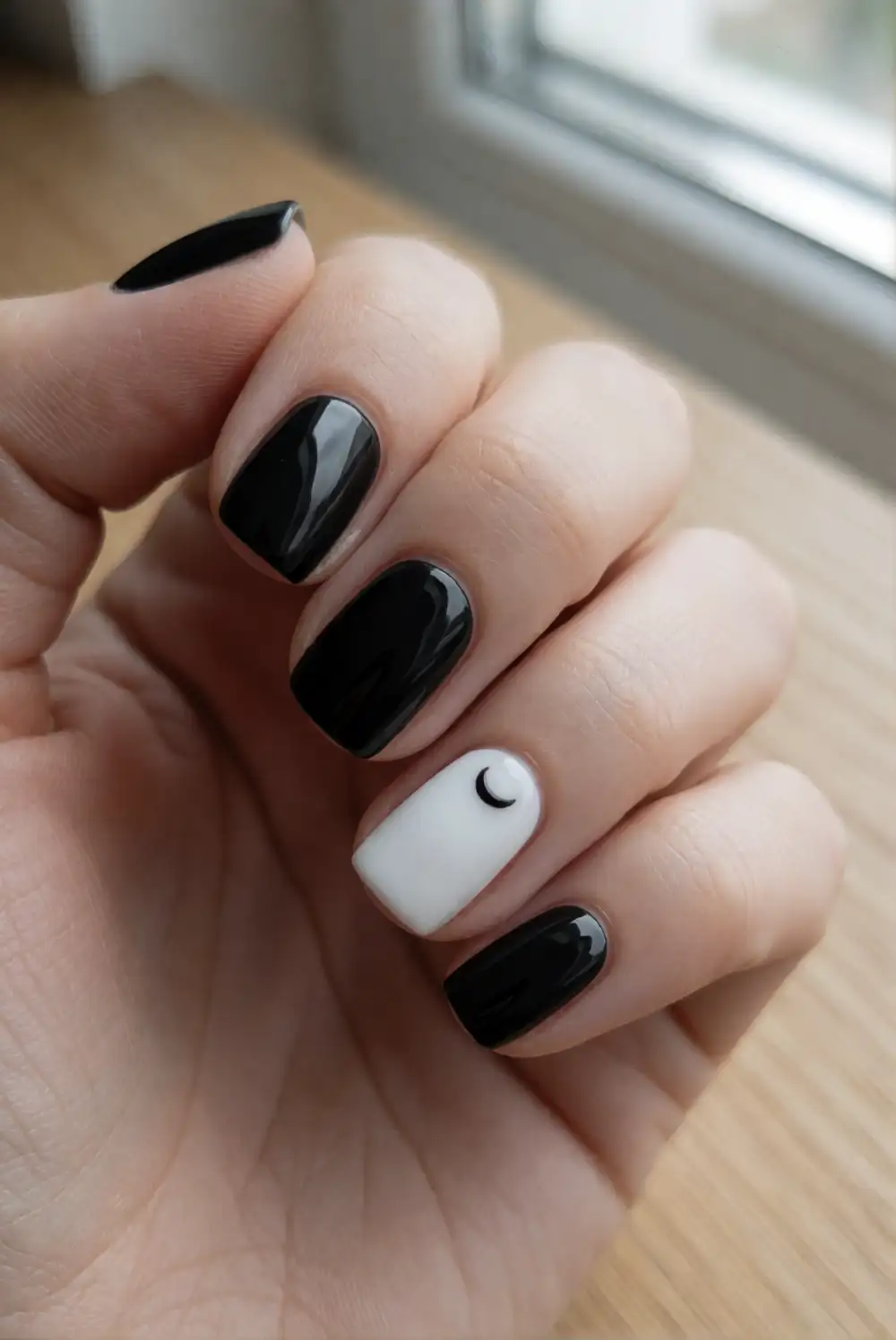 Glossy Black Nails with a White Accent