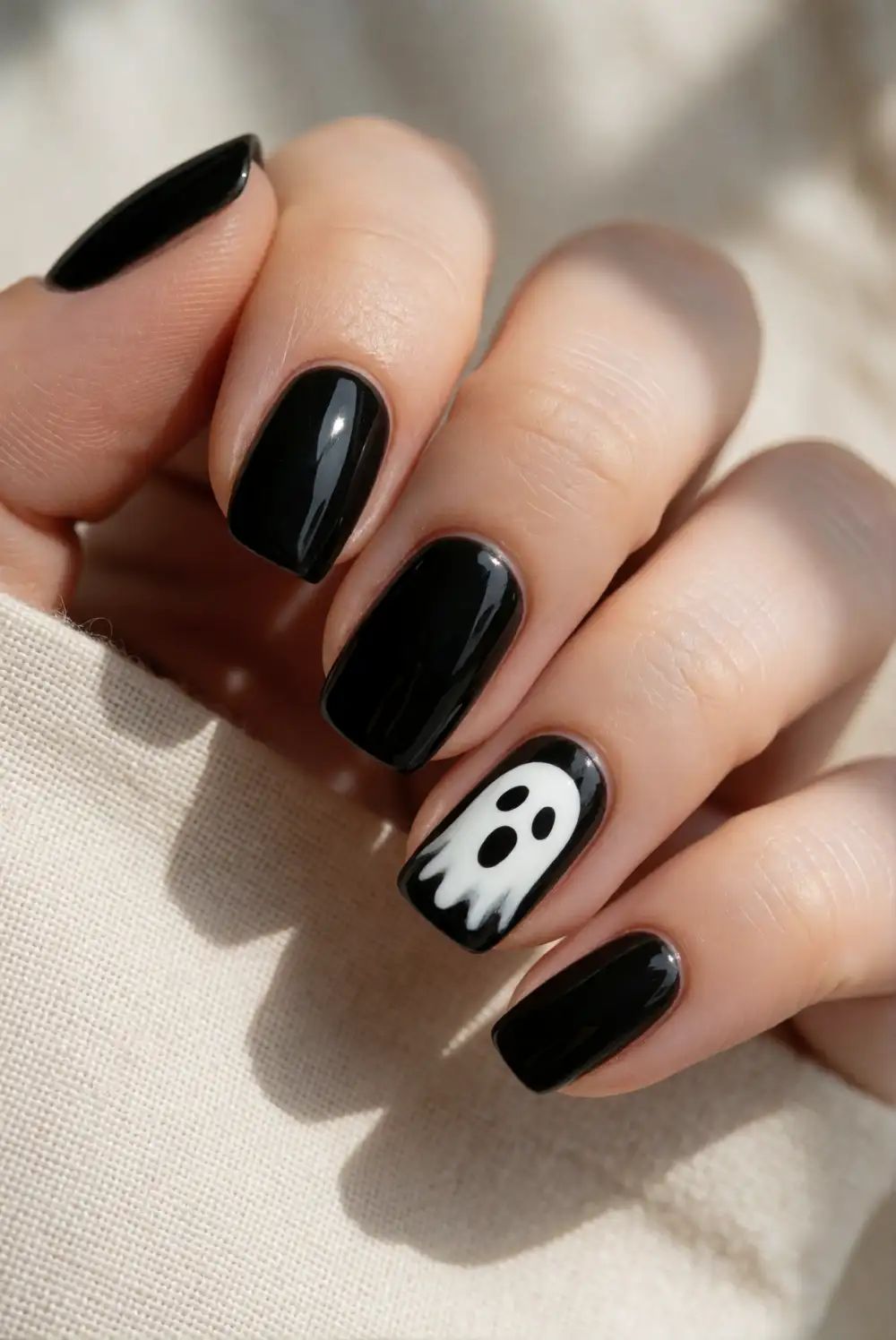 Glossy Black Nails with Minimal Ghost Faces