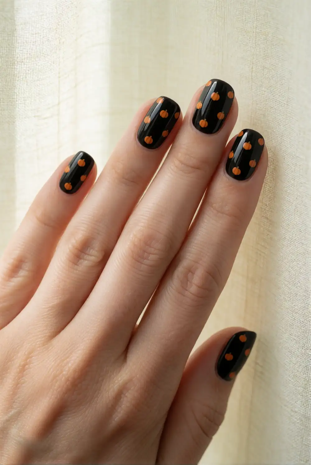Glossy Black Nails with Orange Dots