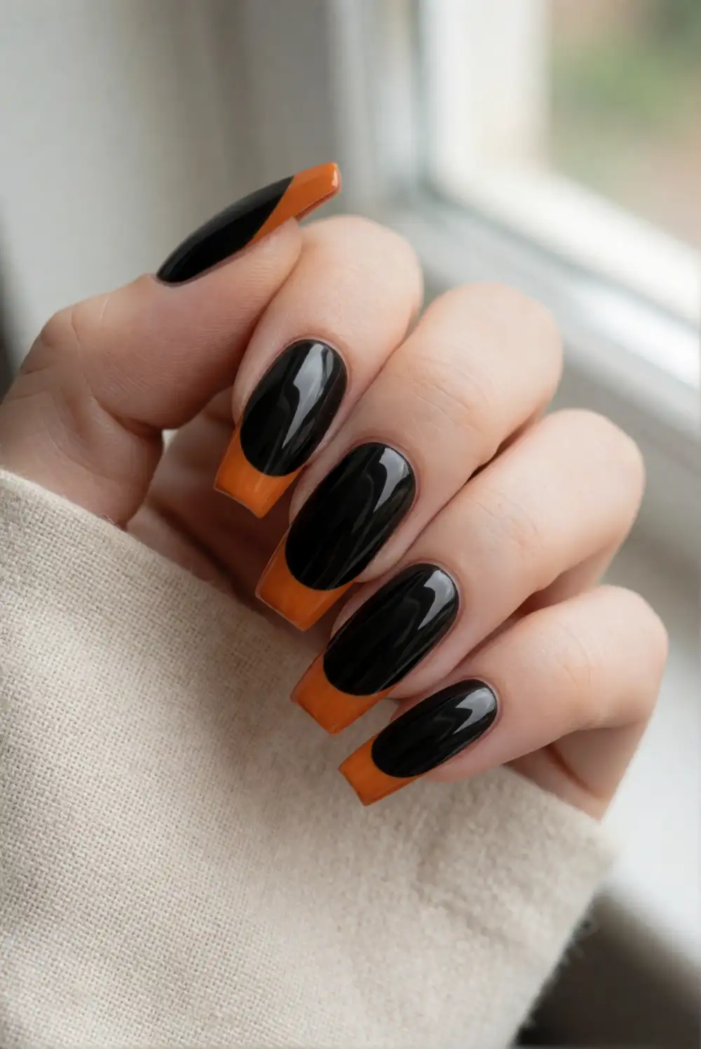 Glossy Black Nails with Pumpkin Orange French Tips