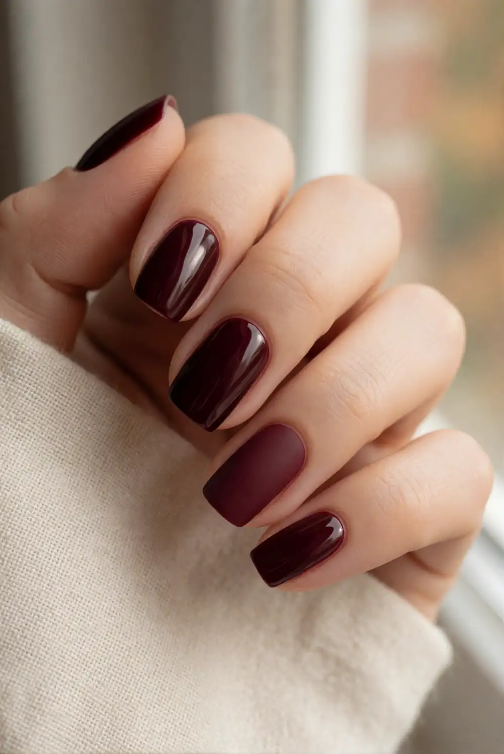 Glossy Burgundy Nails with One Matte Accent