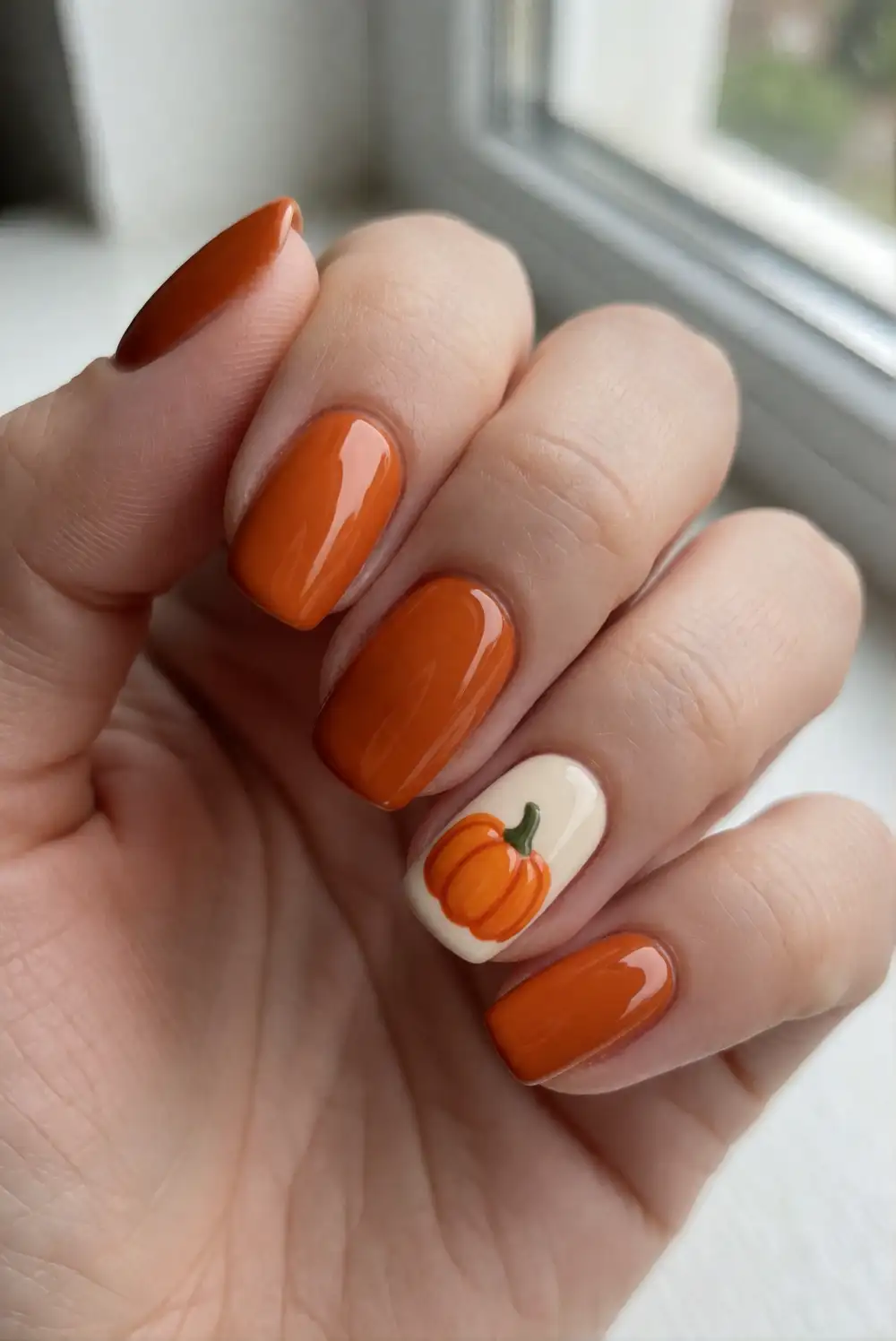 Glossy Pumpkin Accent Nails