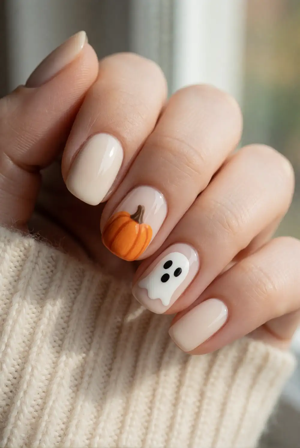 Glossy Pumpkin and Ghost Accent Nails