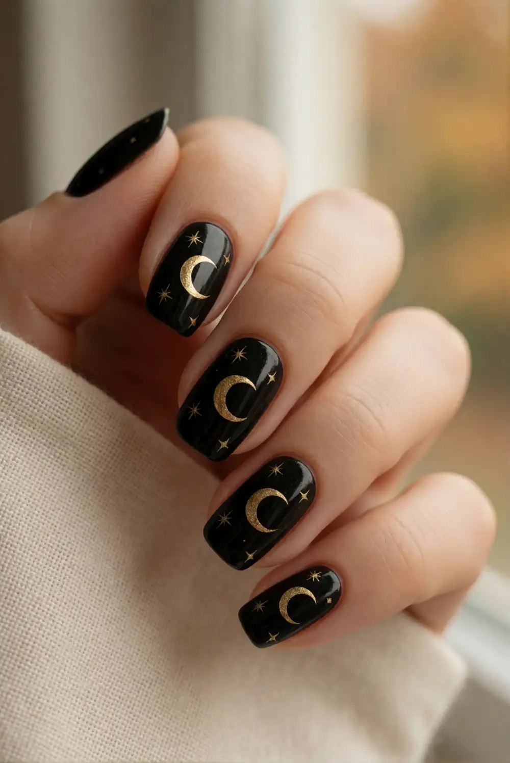 Golden Moon and Star Nails