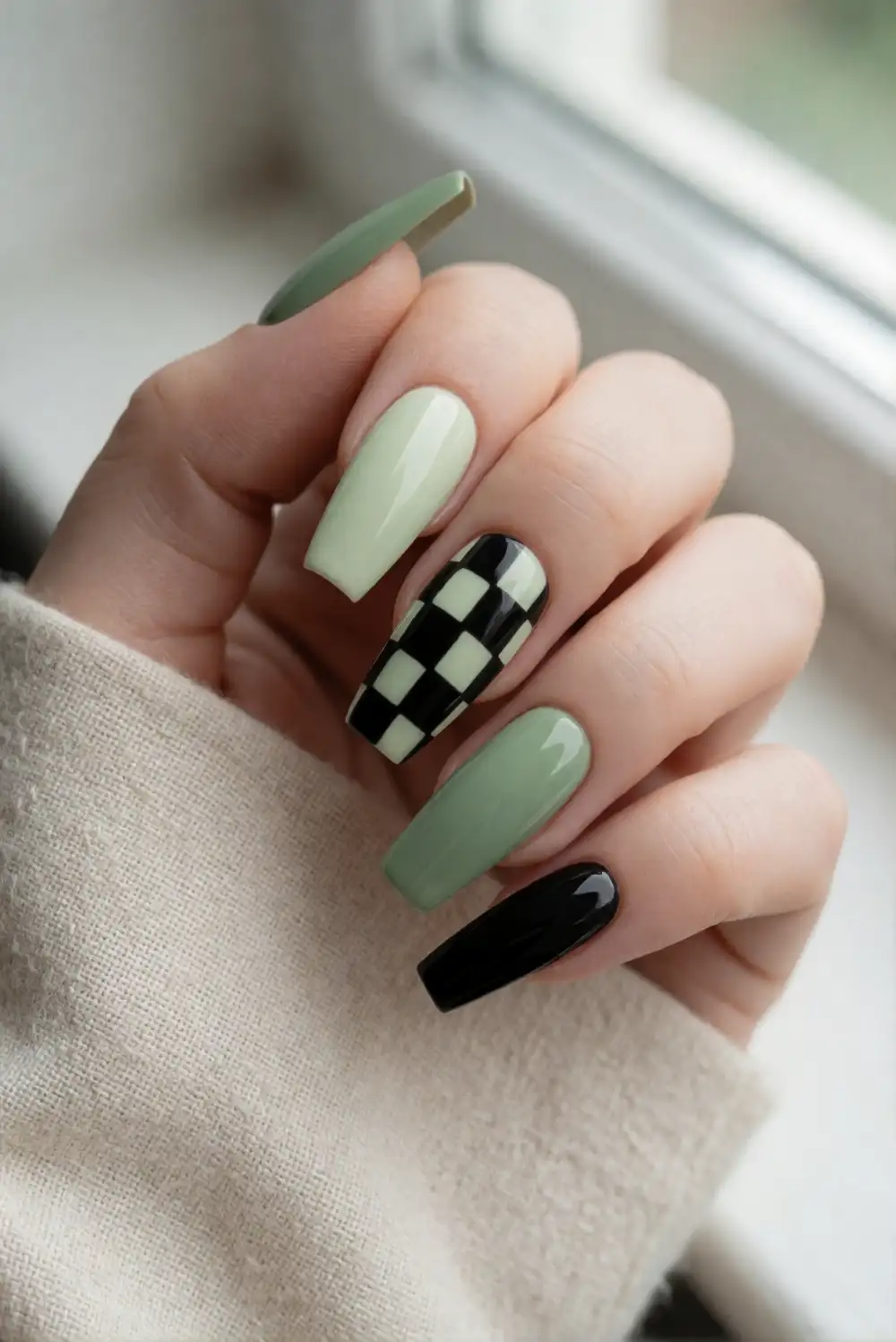 Green and Black Checkerboard Nail Art