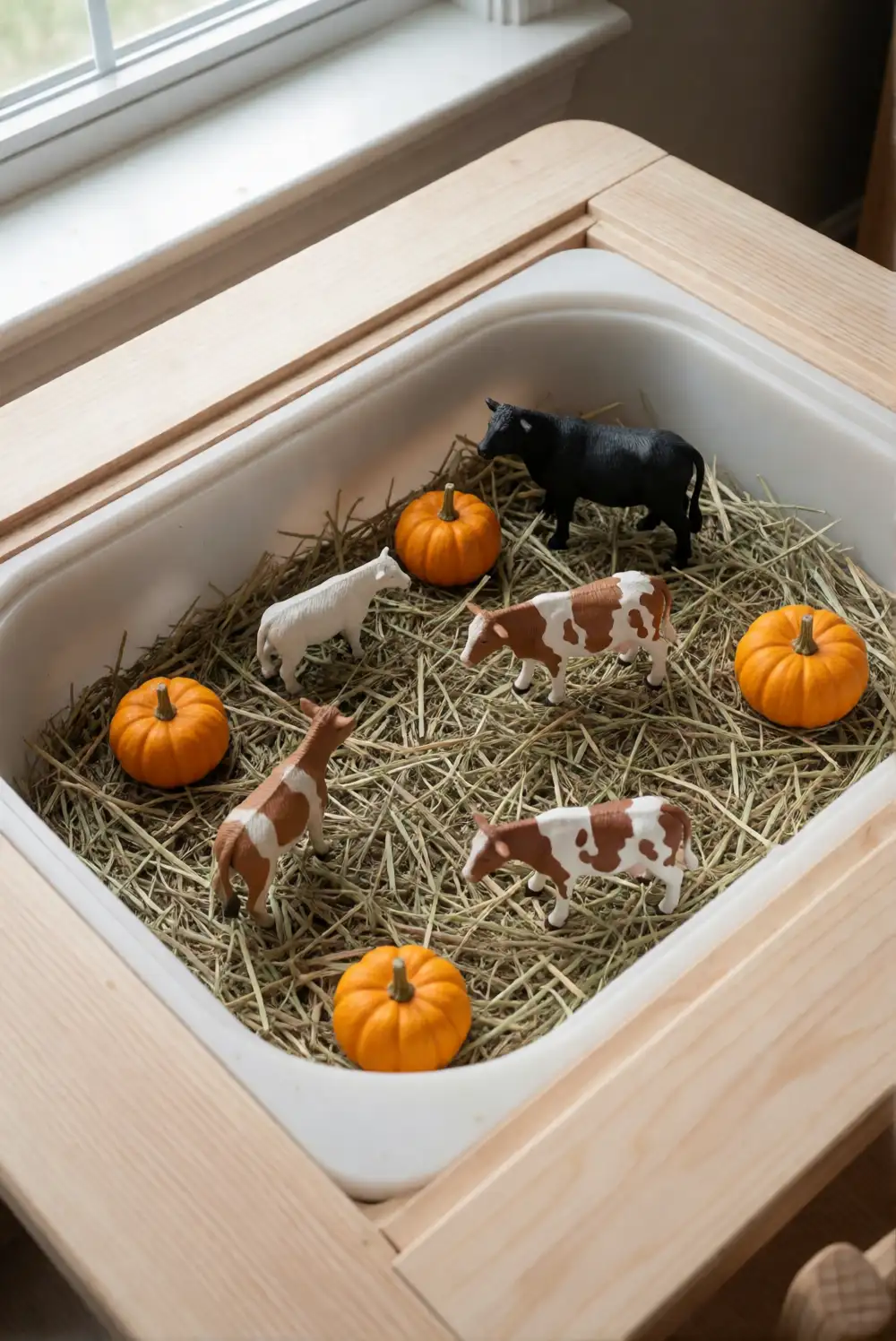 Harvest Sensory Bin with Hay