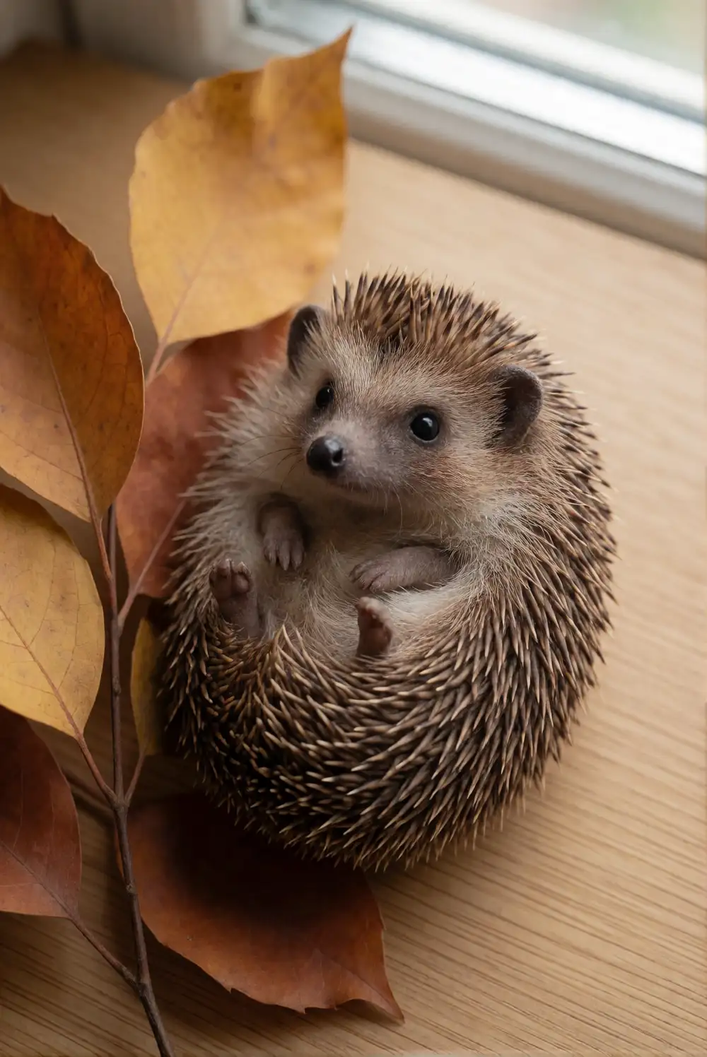 Illustrate a Hedgehog Tucked Among Leaves