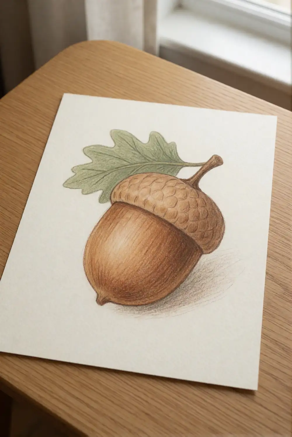 Illustrate an Acorn with a Leafy Cap