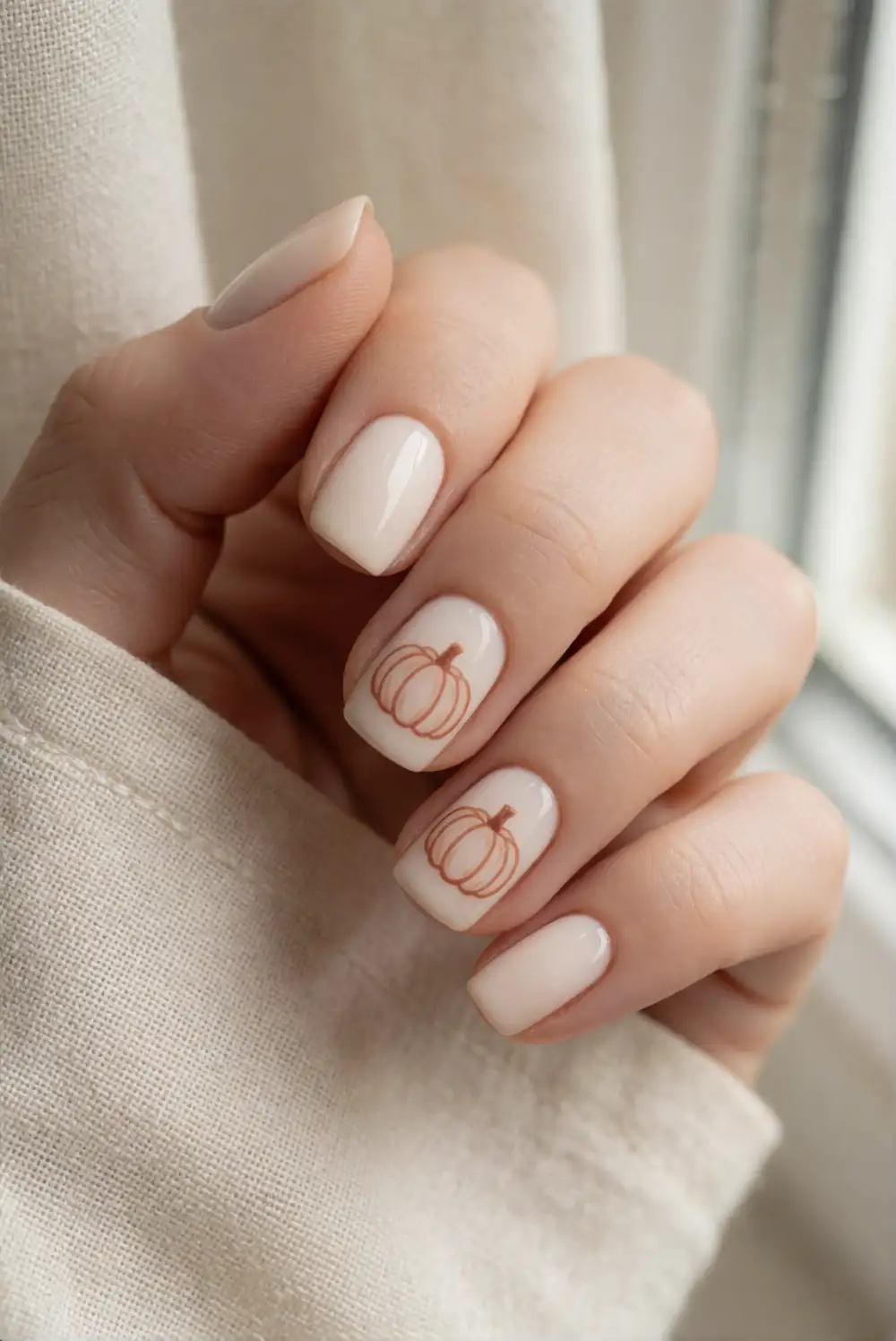 Ivory Nails With Delicate Pumpkin Outlines