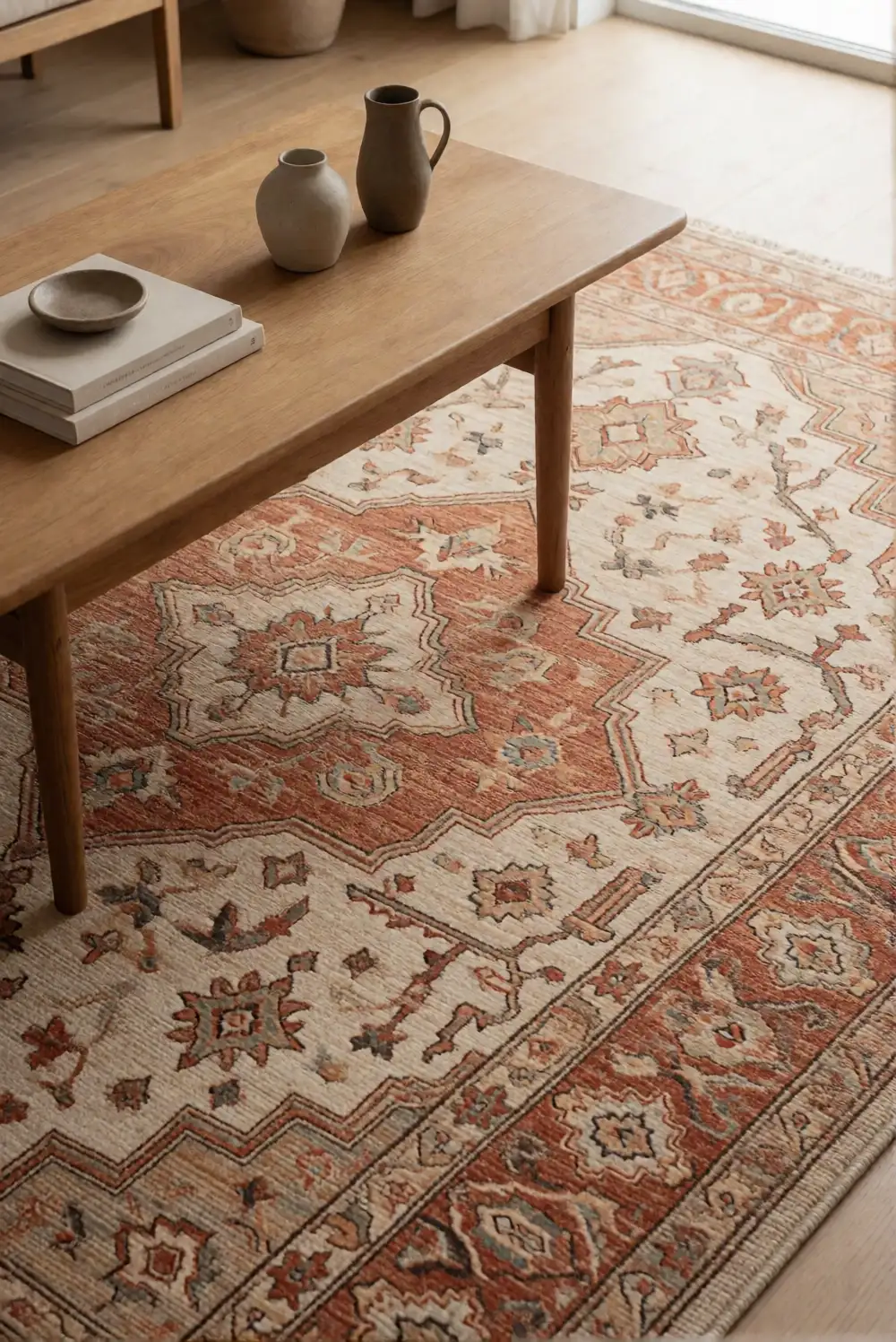 Layer a Warm Rug Under a Coffee Table