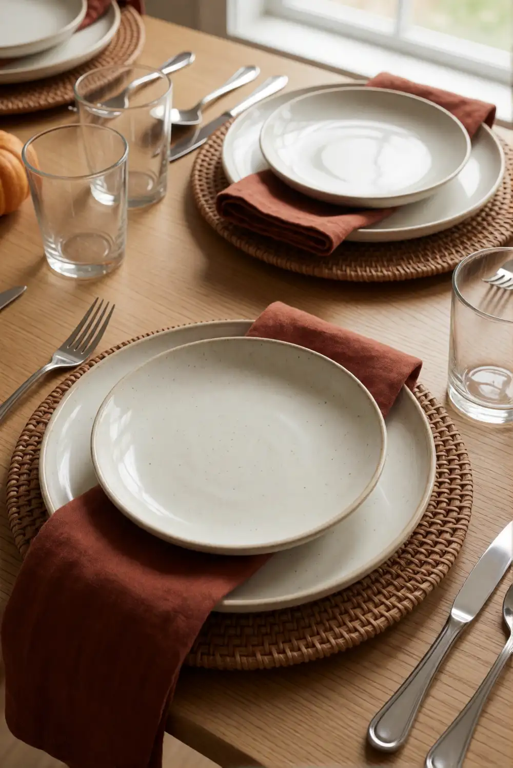 Layered Ceramic Place Settings with Rust Napkins