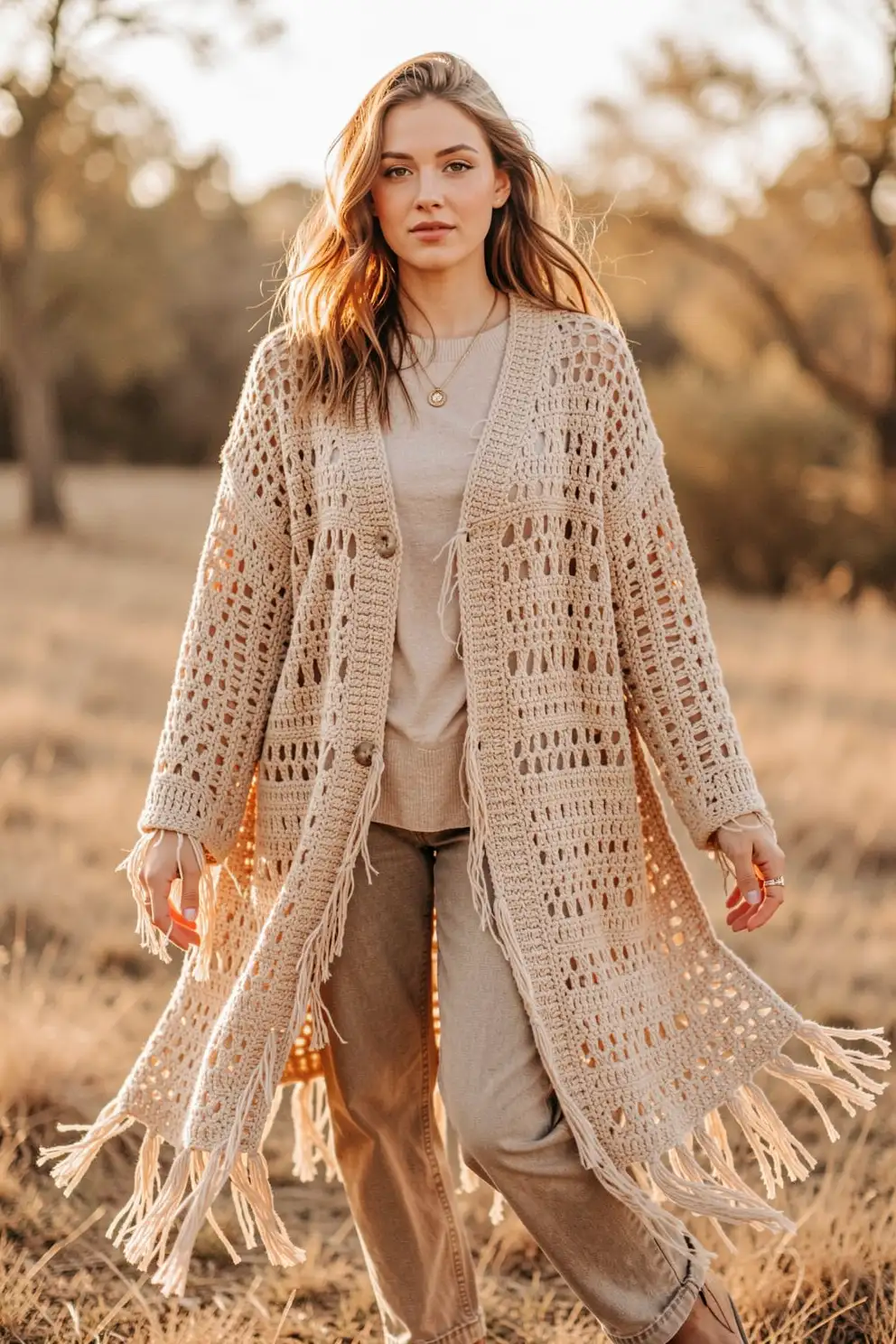 Longline Crochet Coats With Bohemian Ease